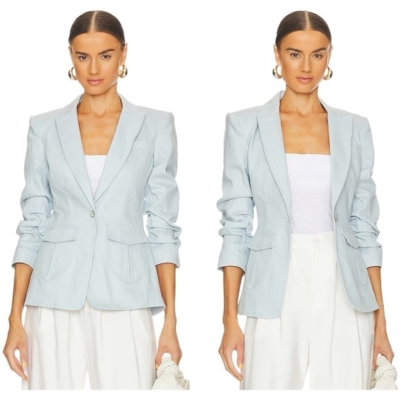 Cinq a Sept Louisa Peak Stretch Fitted Ruched Sleeve Denim Blazer Size 4 NEW - Picture 2 of 11